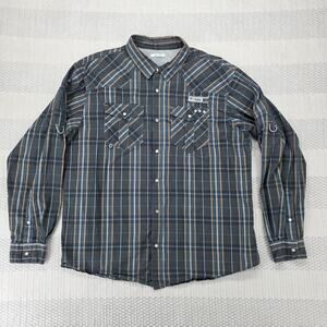 Columbia PFG Fishing Shirt XL Black Blue Orange Plaid Omni Shade Pearl Snap
